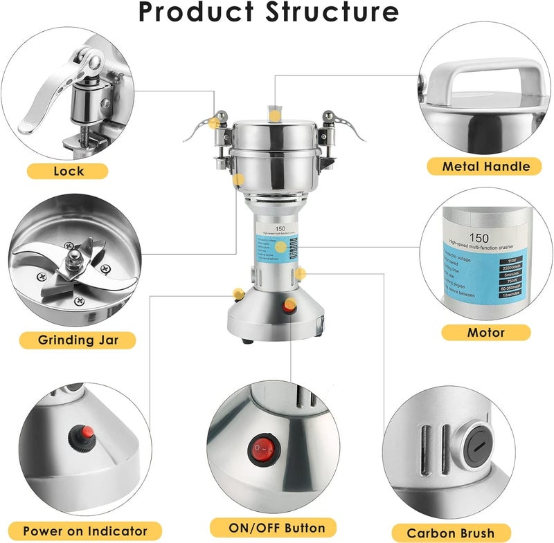 MYFULLY Electric Grain Mill Grinder High Speed Stainless Steel Pulverizer Mill Grinding Machine Cereals Corn Medicine Pearl Seasonings Spices Commercial Grade for Kitchen Grinding Machine (150g) - Image 3